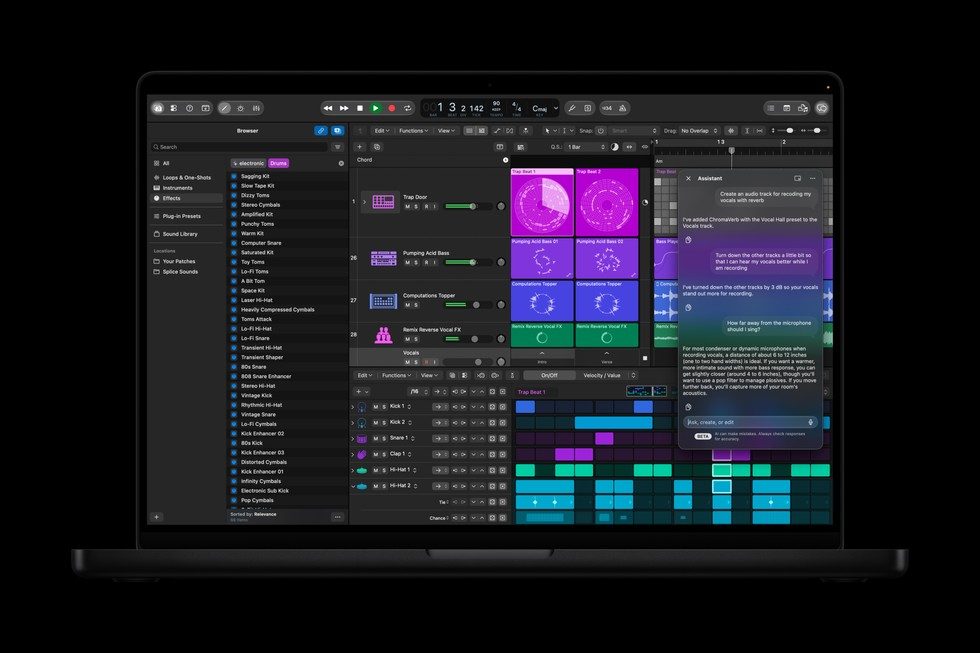 Logic Pro for Mac showing the new intelligent assistant panel next to a project's tracks