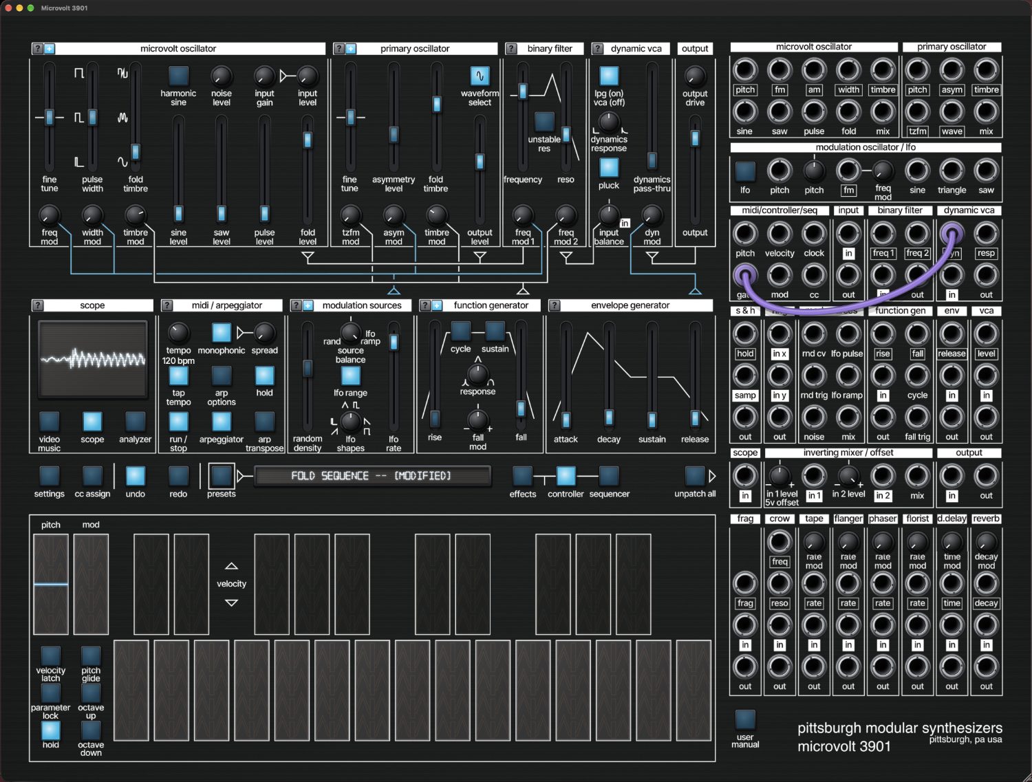 Pittsburgh Modular Microvolt 3901 software synth interface with oscillator, filter, and envelope modules, a patch bay, and a touch-plate keyboard