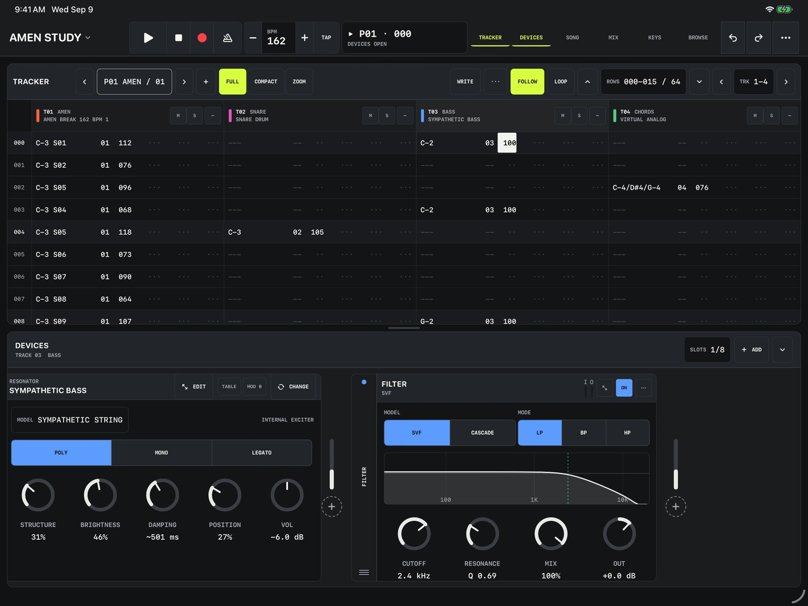 Tracker Pro Resonator instrument beneath a sequenced bass and drum pattern