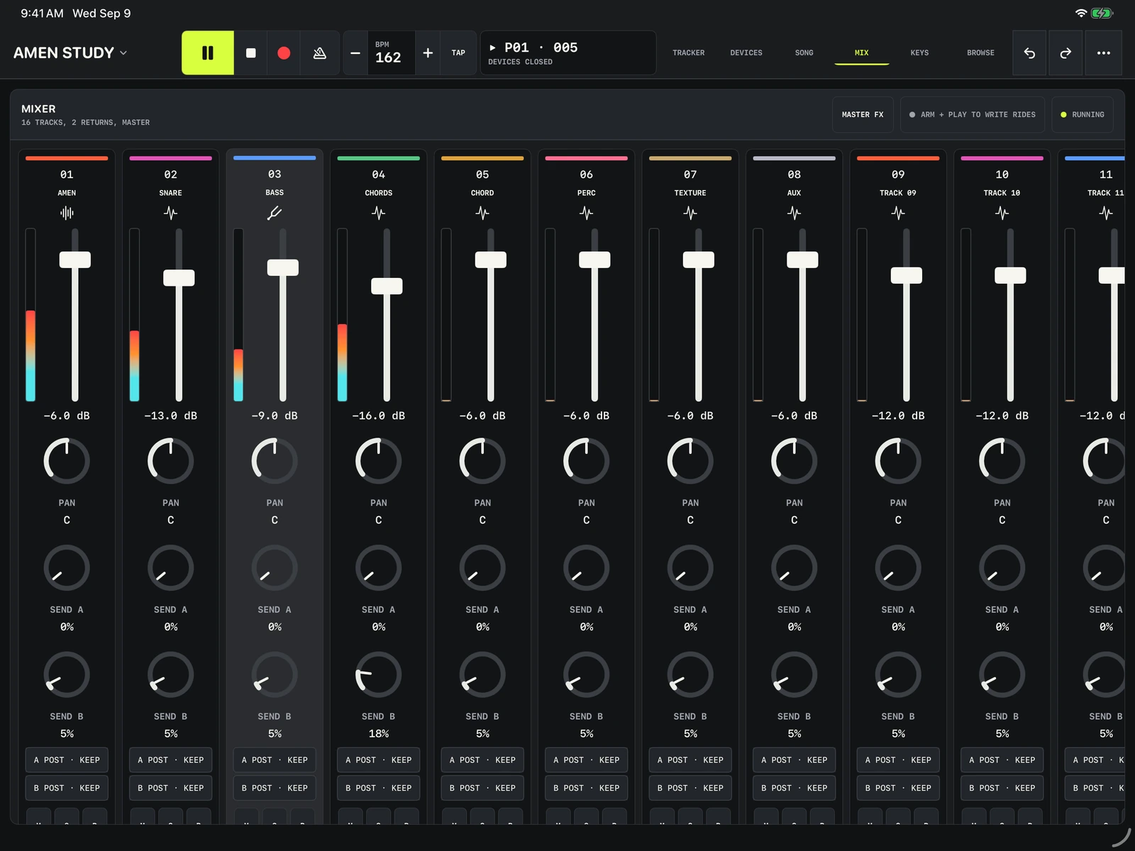 Tracker Pro mixer with track levels, pan, sends, and meters