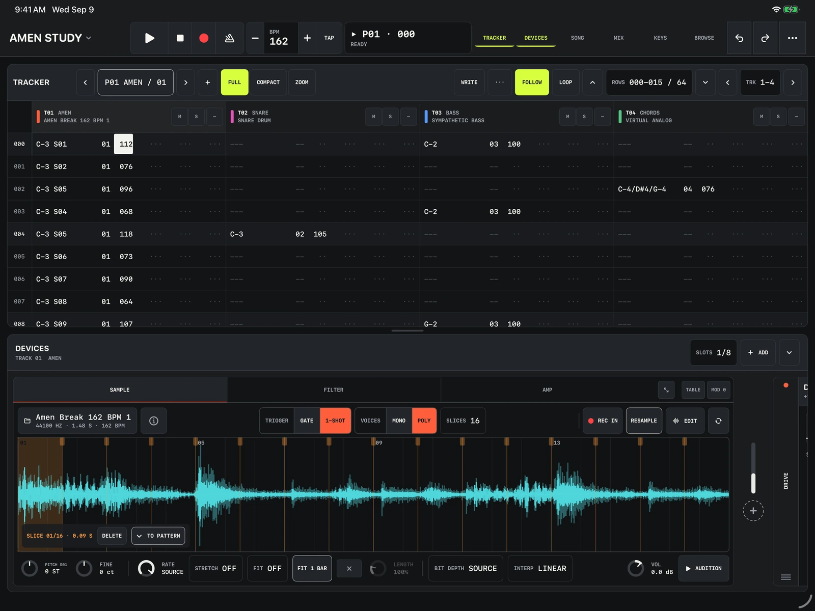 Tracker Pro pattern with drum slices, bass notes, and chords above the sampler