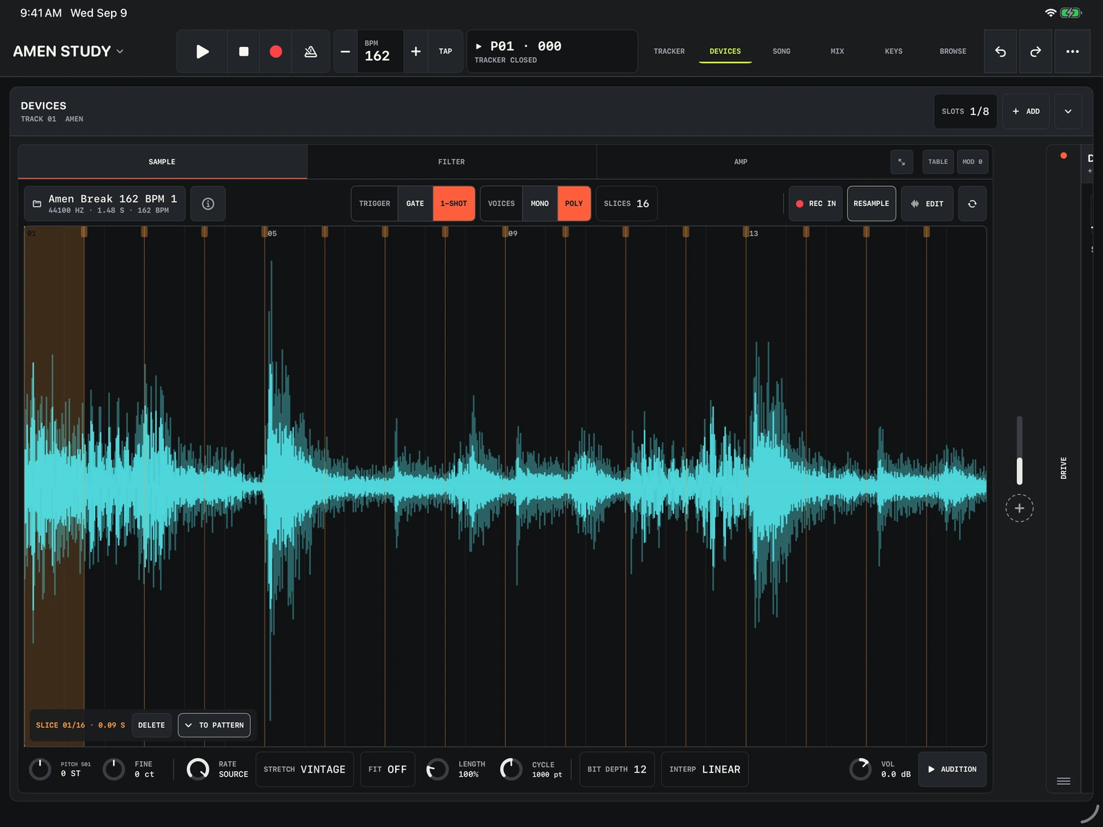 Tracker Pro sampler showing a sliced waveform with bit depth and vintage stretch controls